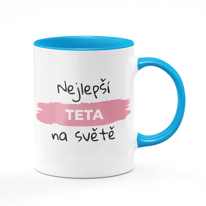 Keramický hrnek bílý s světle modrým lemem vnitřkem a uchem motiv Nejlepší teta na světě
