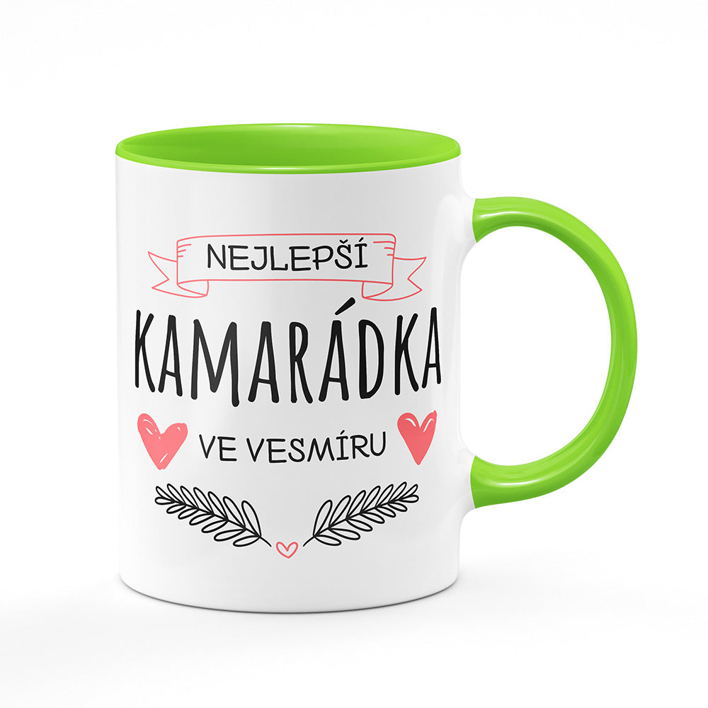 Keramický hrnek bílý s světle zeleným lemem vnitřkem a uchem motiv Nejlepší kamarádka ve vesmíru