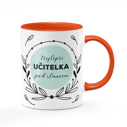 Keramický hrnek bílý s oranžovým lemem vnitřkem a uchem motiv Nejlepší učitelka pod sluncem