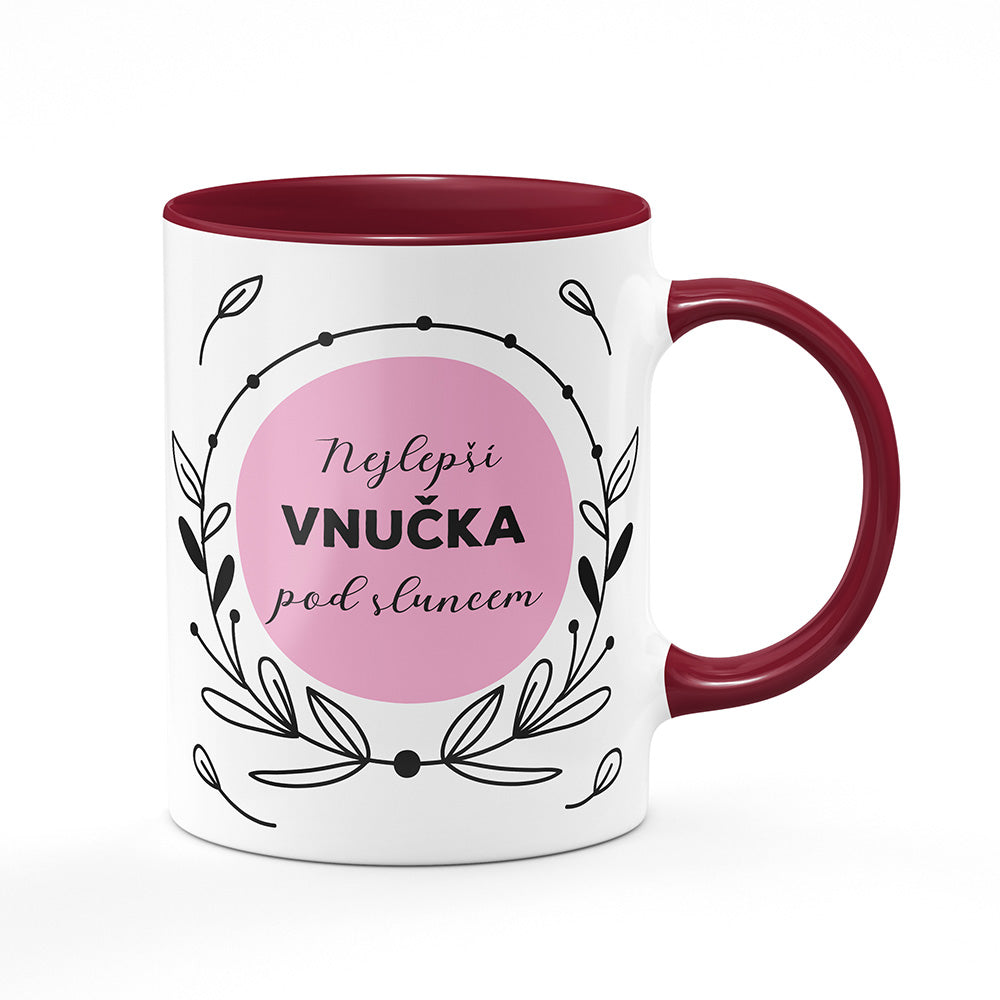 Keramický hrnek bílý s bordó vínovým lemem vnitřkem a uchem motiv Nejlepší vnučka pod sluncem