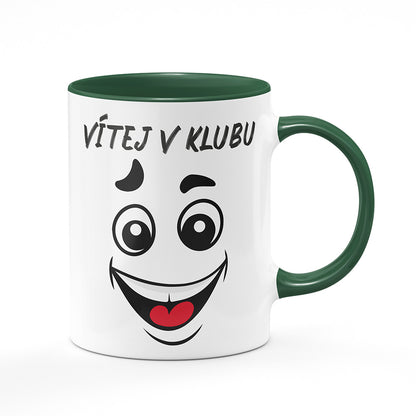 Keramický hrnek bílý s zeleným lemem vnitřkem a uchem motiv Vítej v klubu