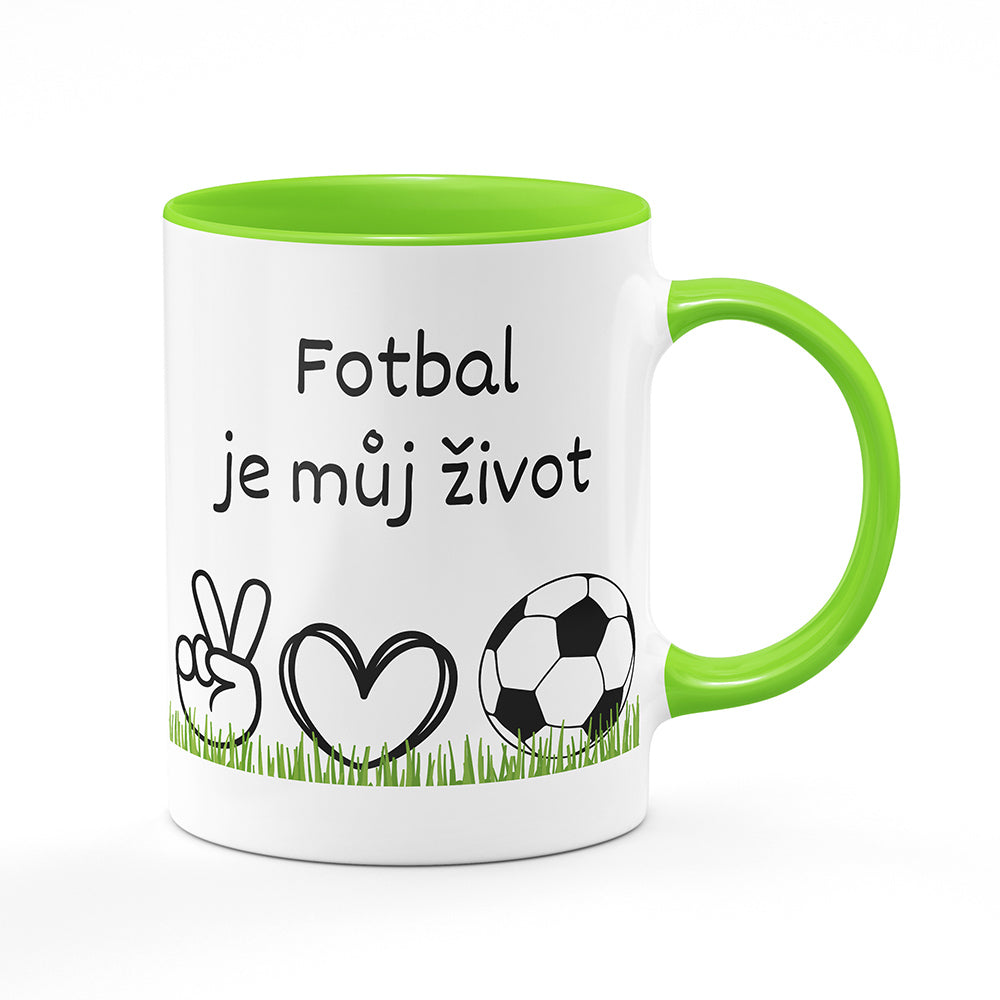 Keramický hrnek bílý s světle zeleným lemem vnitřkem a uchem motiv Fotbal je můj život
