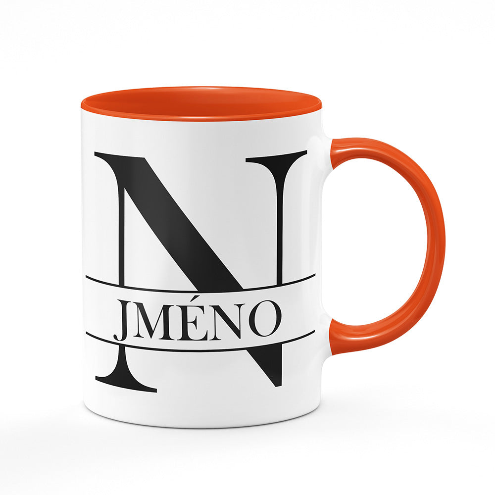 Keramický hrnek bílý s oranžovým lemem vnitřkem a uchem motiv Se jménem N…