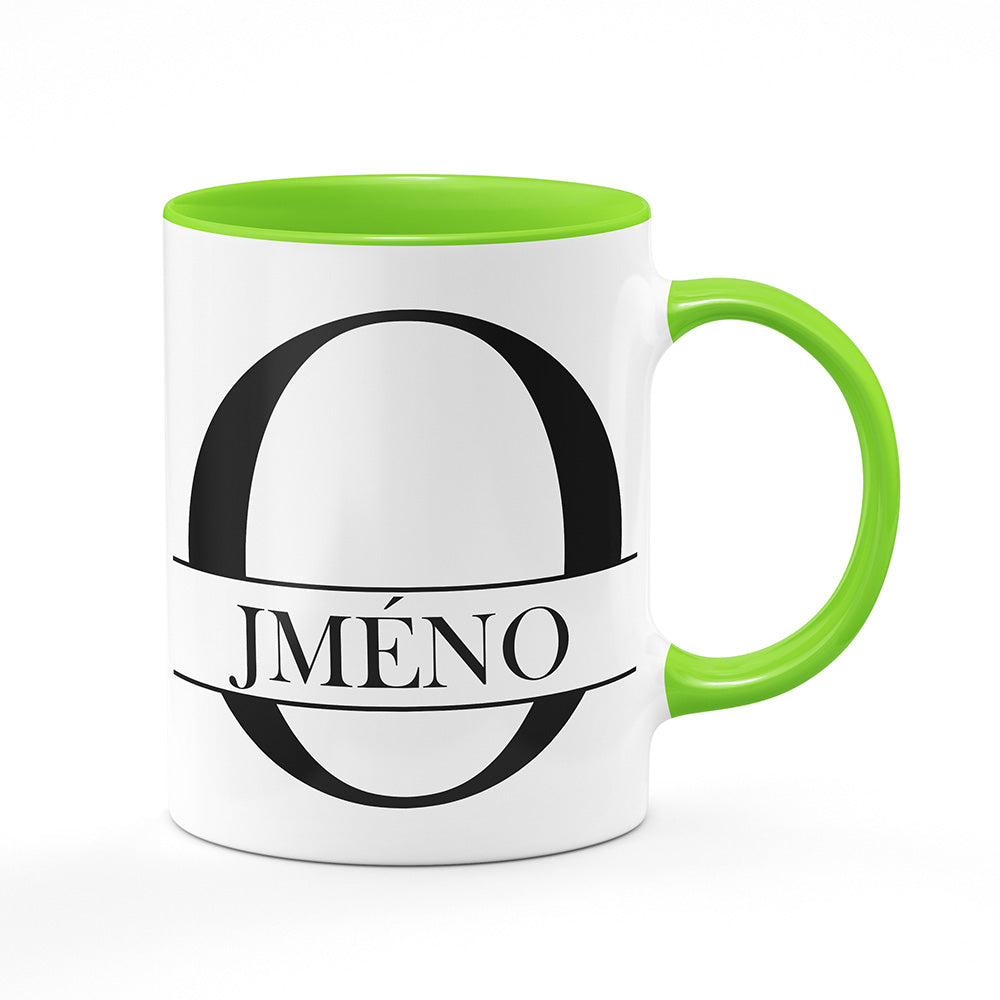 Keramický hrnek bílý s světle zeleným lemem vnitřkem a uchem motiv Se jménem O…