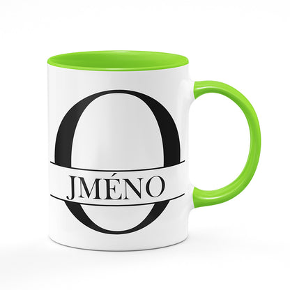 Keramický hrnek bílý s světle zeleným lemem vnitřkem a uchem motiv Se jménem O…