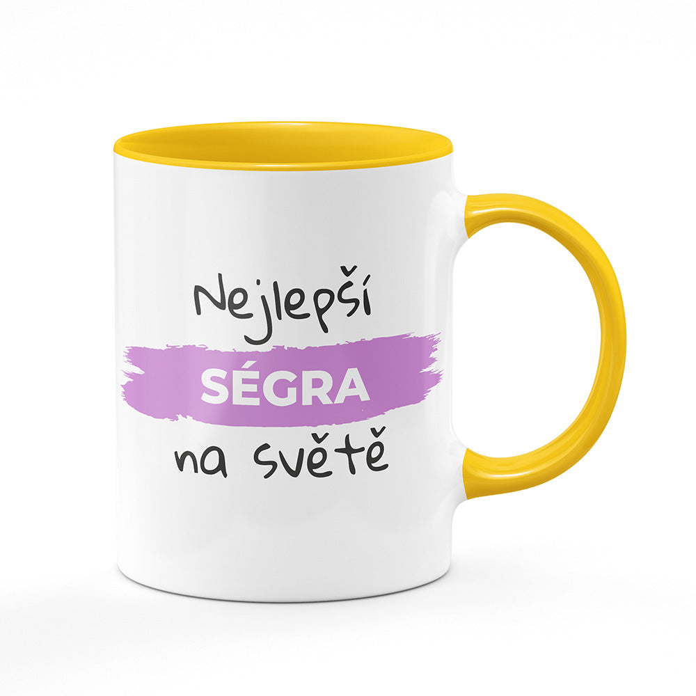 Keramický hrnek bílý s žlutým lemem vnitřkem a uchem motiv Nejlepší ségra na světě