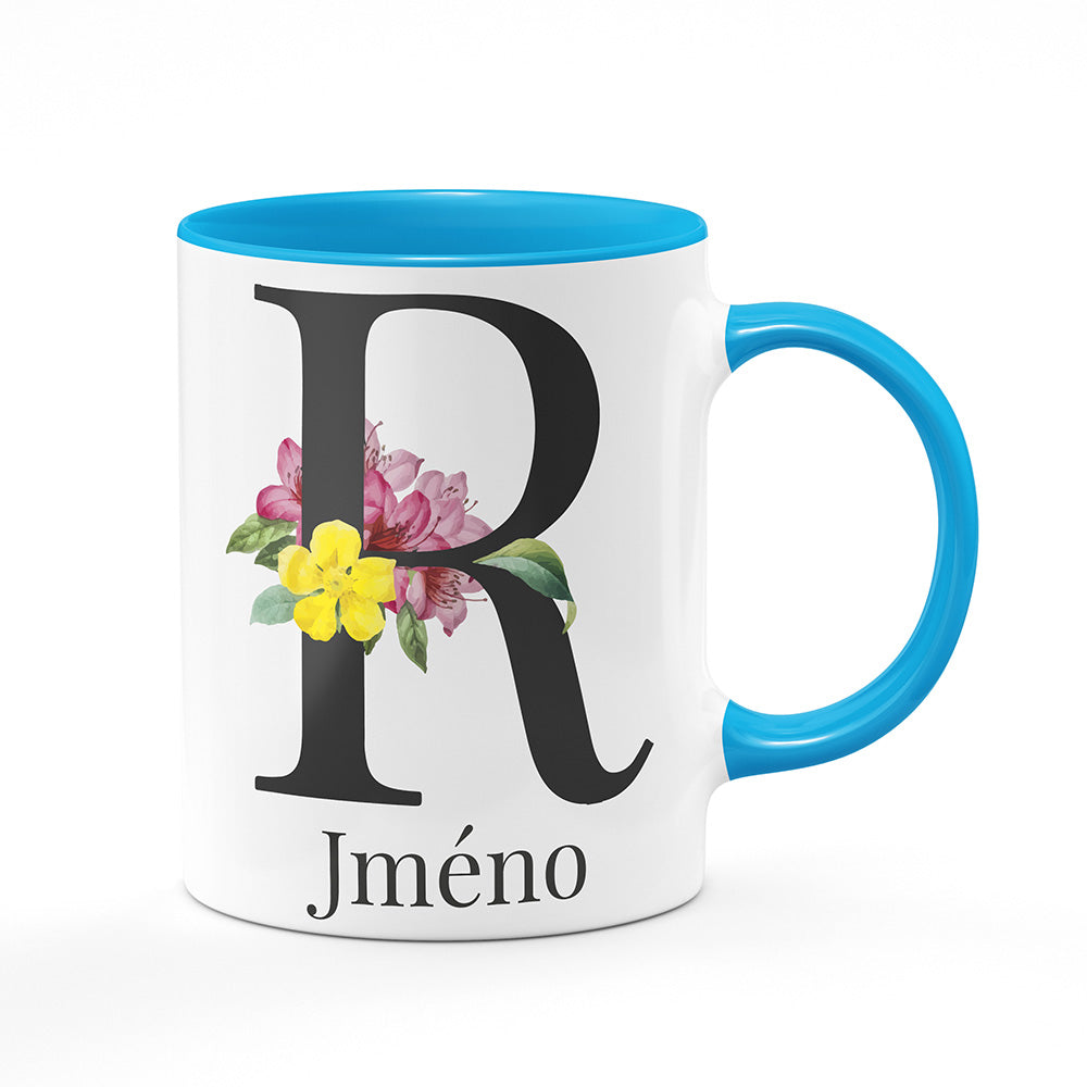 Keramický hrnek bílý s světle modrým lemem vnitřkem a uchem motiv Se jménem R...