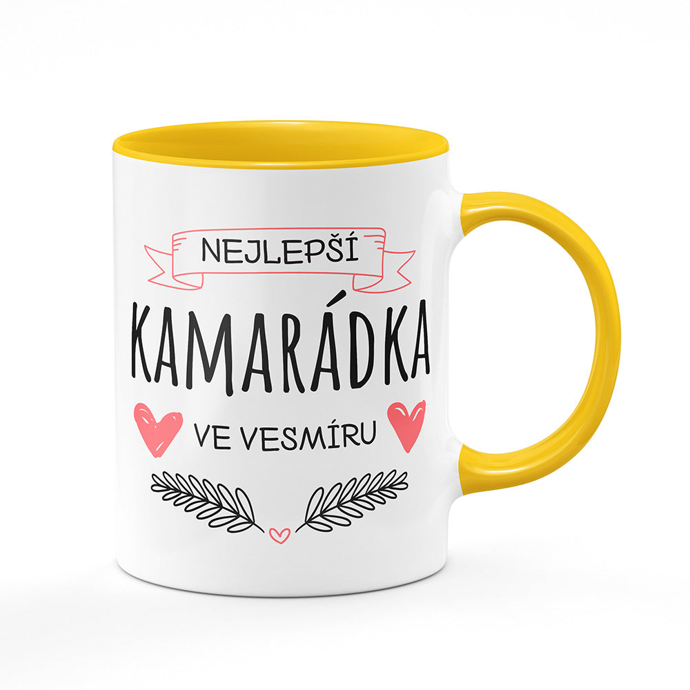 Keramický hrnek bílý s žlutým lemem vnitřkem a uchem motiv Nejlepší kamarádka ve vesmíru
