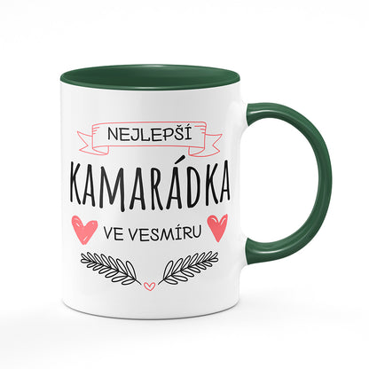 Keramický hrnek bílý s zeleným lemem vnitřkem a uchem motiv Nejlepší kamarádka ve vesmíru