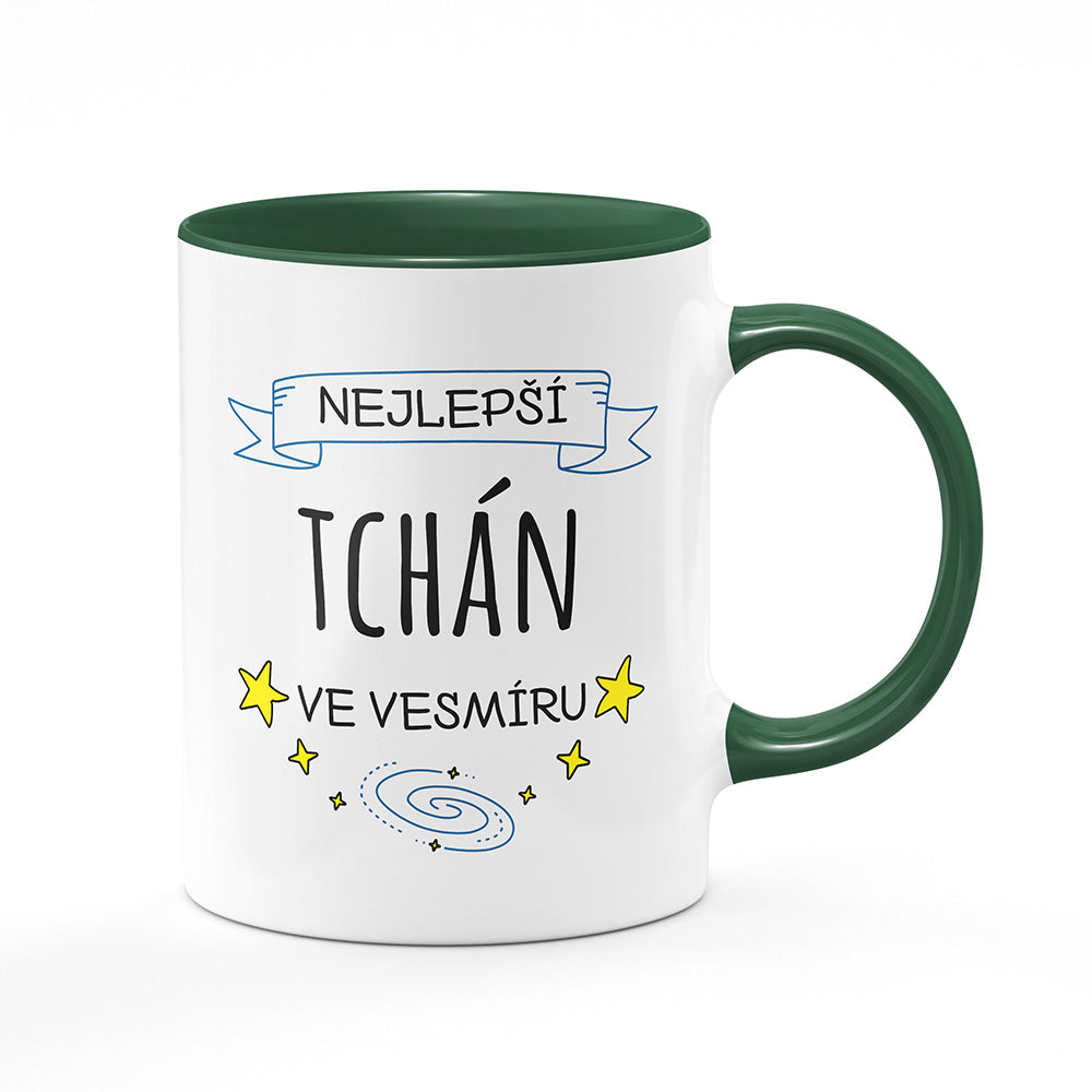 Keramický hrnek bílý s zeleným lemem vnitřkem a uchem motiv Nejlepší tchán ve vesmíru