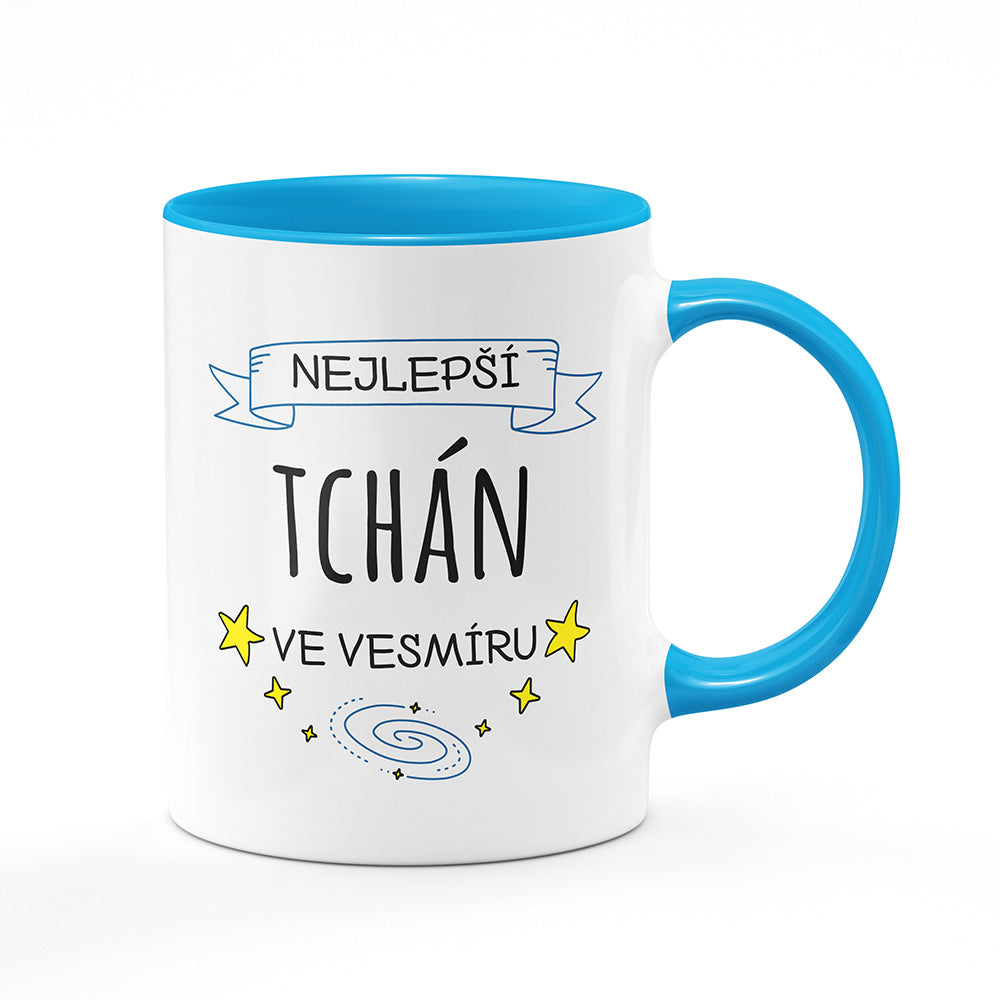 Keramický hrnek bílý s světle modrým lemem vnitřkem a uchem motiv Nejlepší tchán ve vesmíru