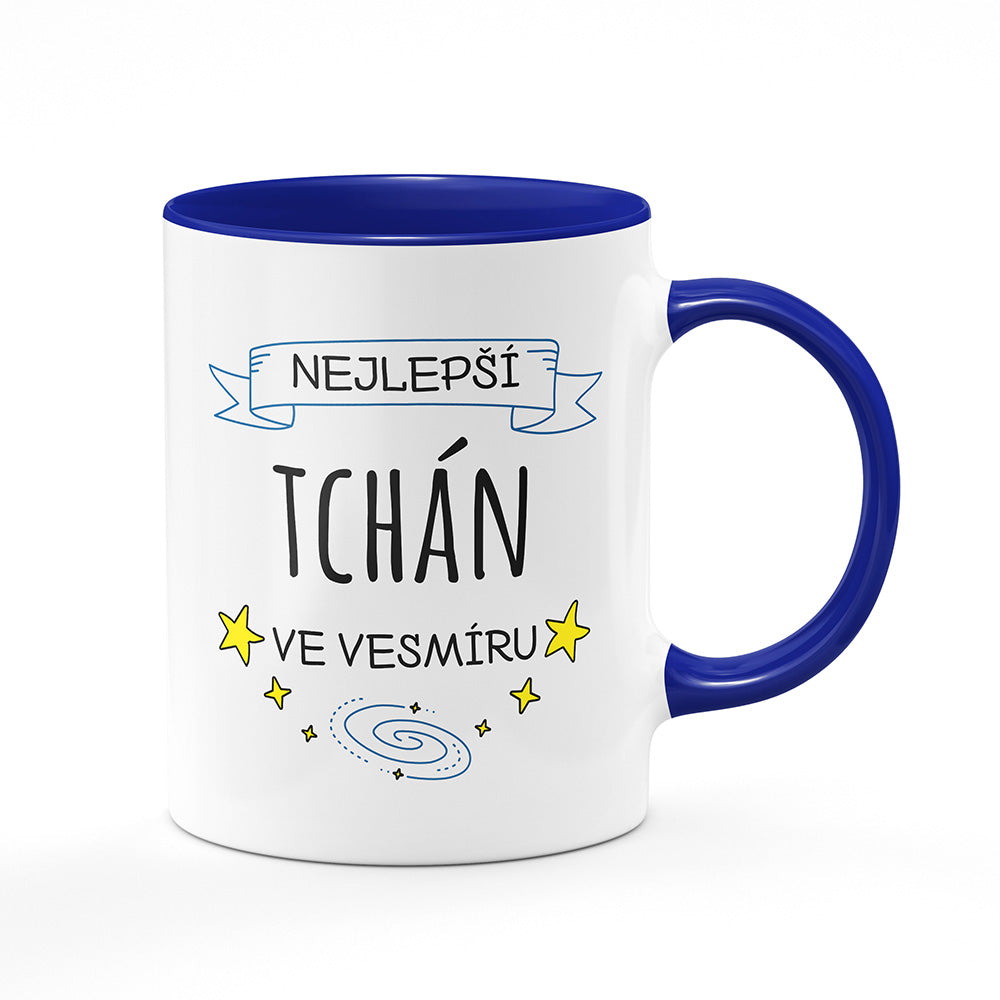 Keramický hrnek bílý s modrým lemem vnitřkem a uchem motiv Nejlepší tchán ve vesmíru