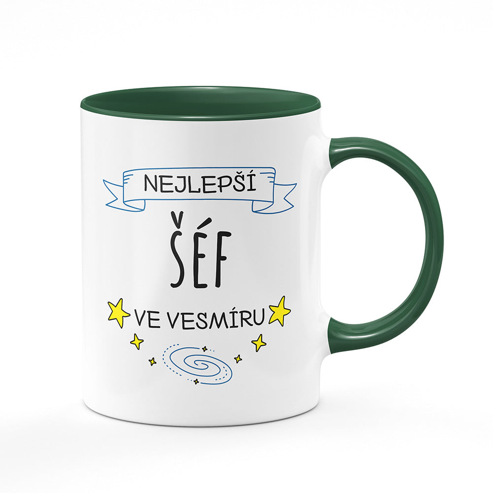 Keramický hrnek bílý s zeleným lemem vnitřkem a uchem motiv Nejlepší šéf ve vesmíru