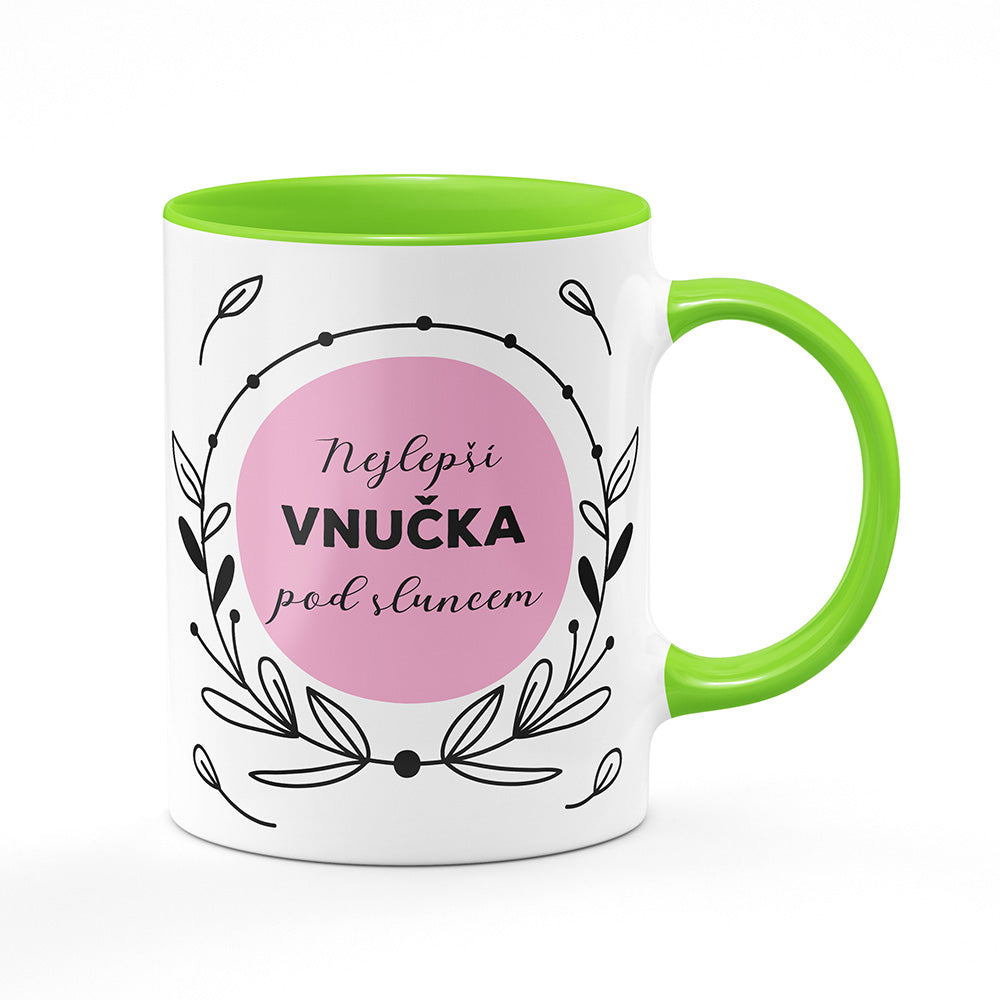 Keramický hrnek bílý s světle zeleným lemem vnitřkem a uchem motiv Nejlepší vnučka pod sluncem