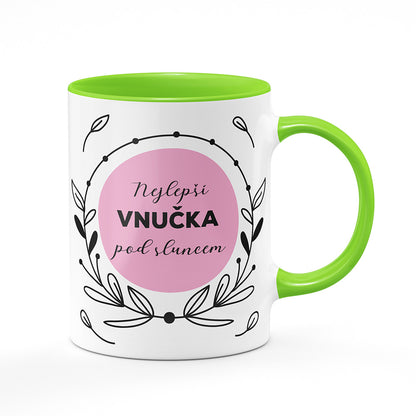 Keramický hrnek bílý s světle zeleným lemem vnitřkem a uchem motiv Nejlepší vnučka pod sluncem