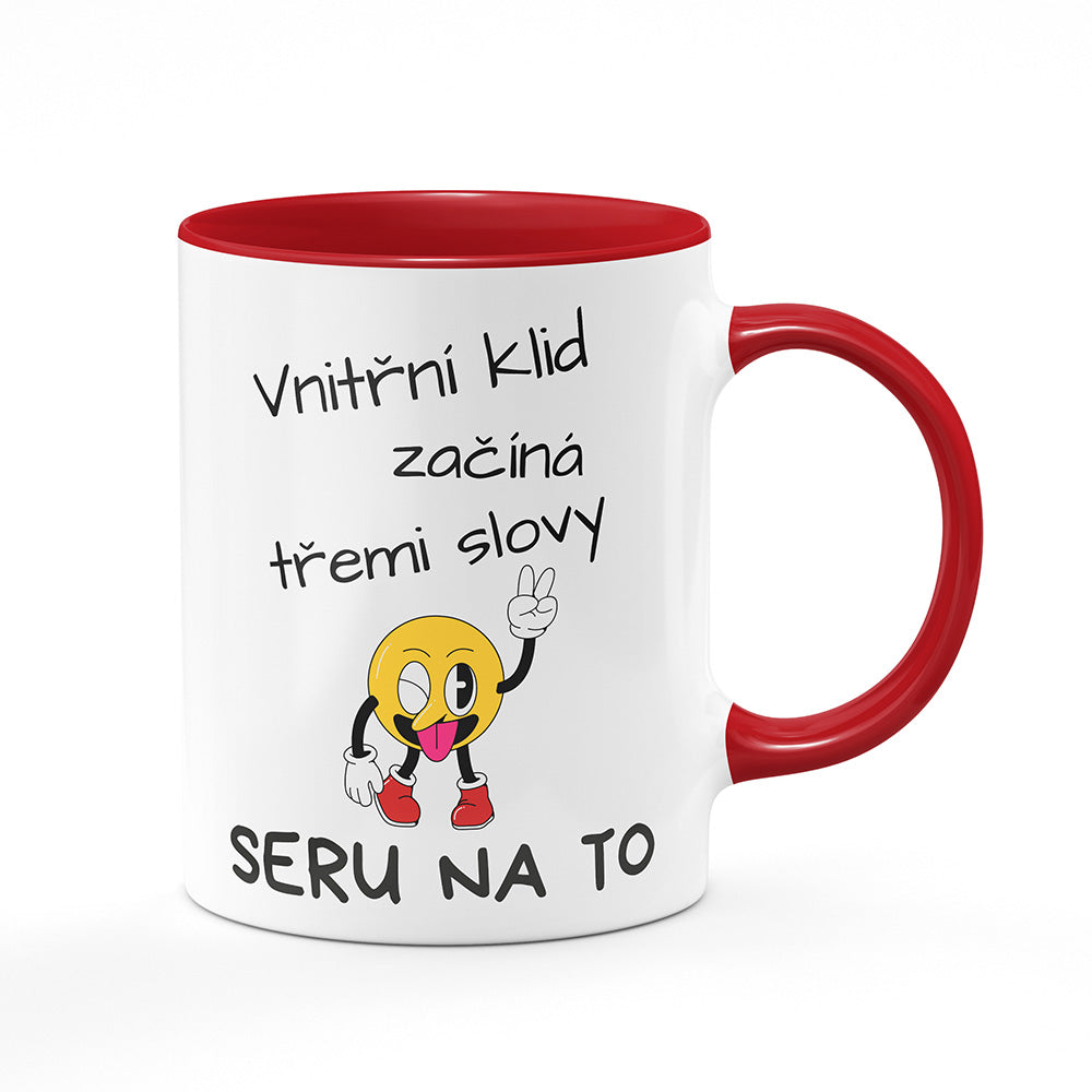 Keramický hrnek bílý s červeným lemem vnitřkem a uchem motiv Vnitřní klid…