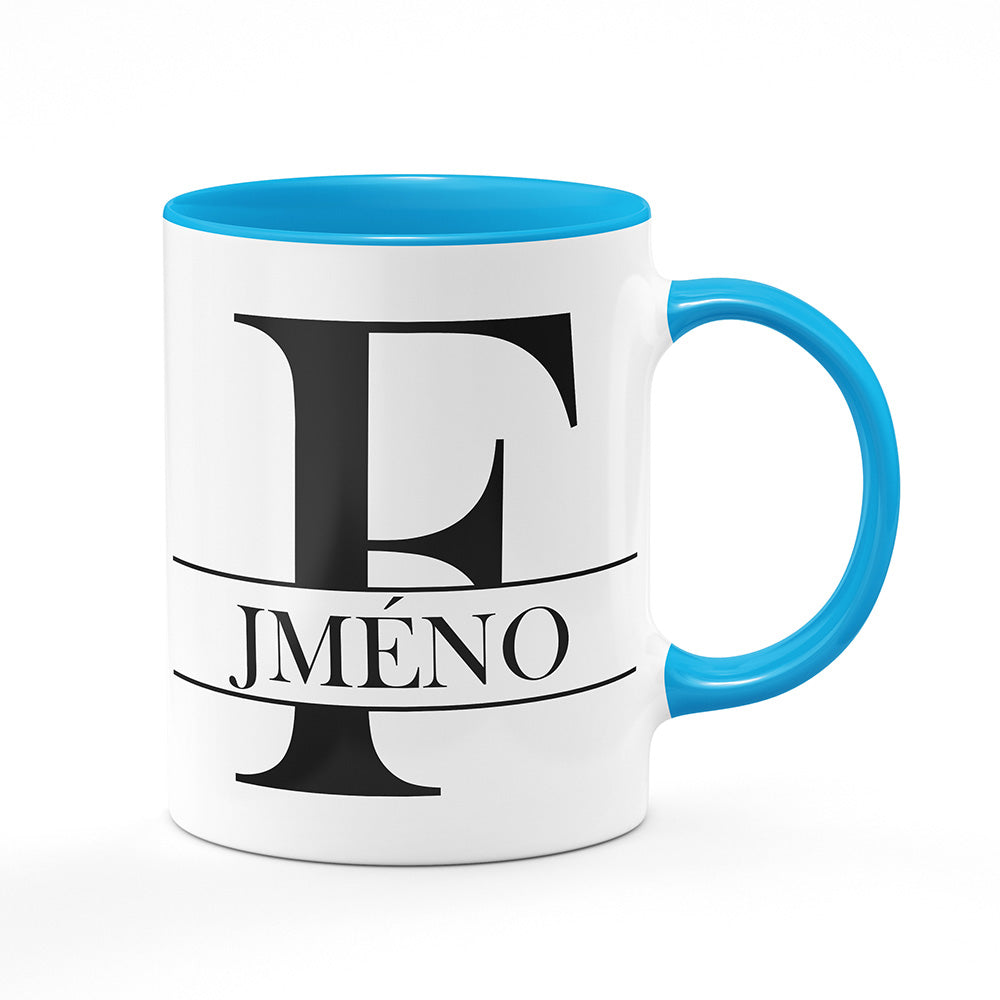 Keramický hrnek bílý s světle modrým lemem vnitřkem a uchem motiv Se jménem F…