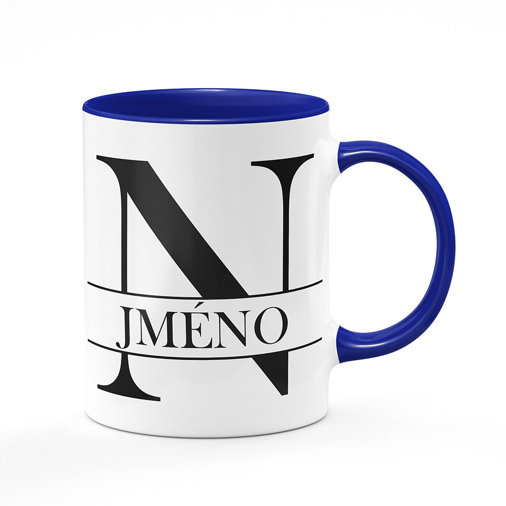 Keramický hrnek bílý s modrým lemem vnitřkem a uchem motiv Se jménem N…