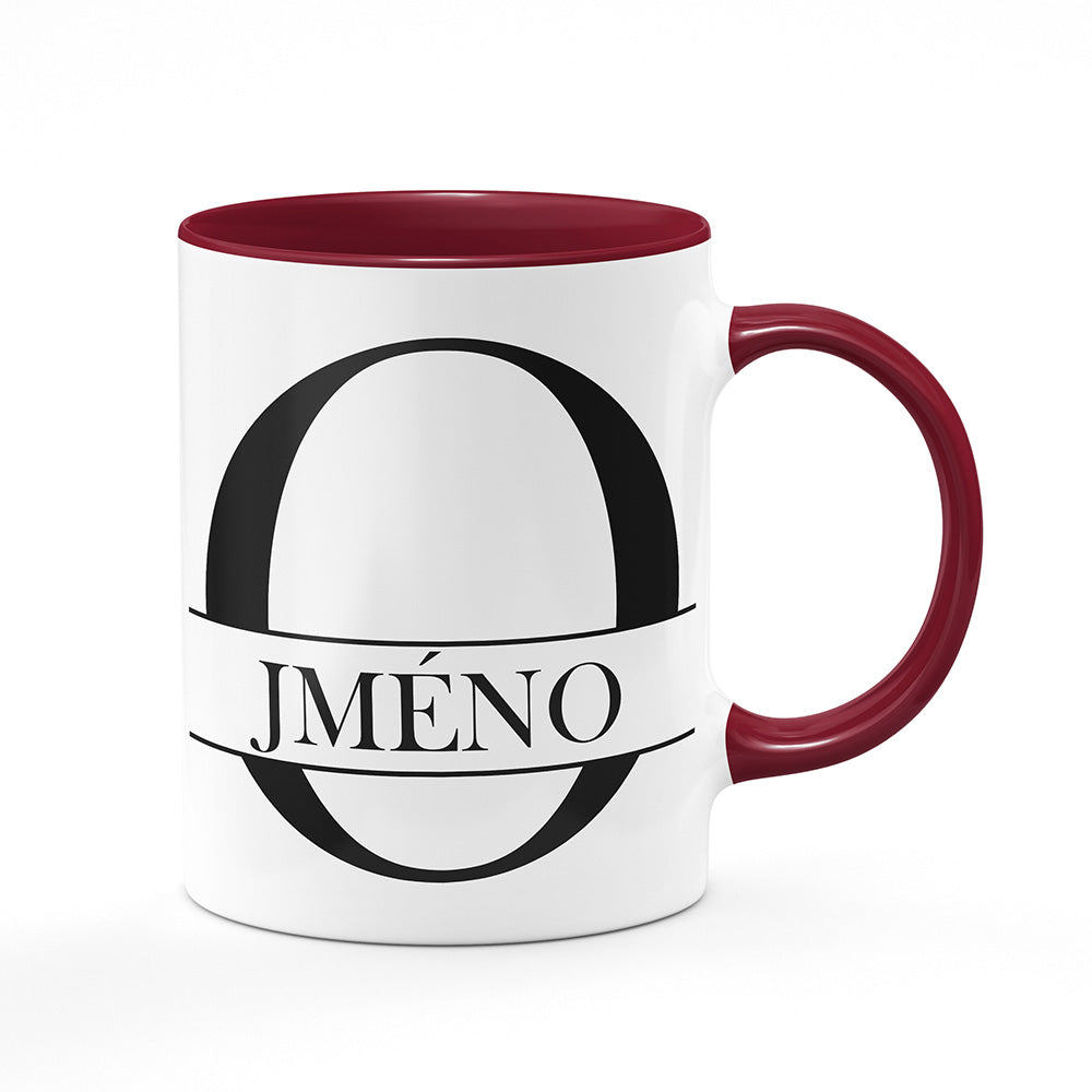 Keramický hrnek bílý s bordó vínovým lemem vnitřkem a uchem motiv Se jménem O…