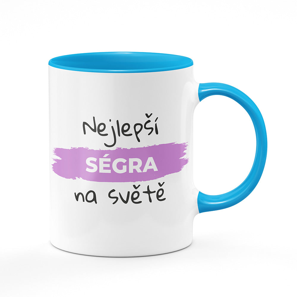 Keramický hrnek bílý s světle modrým lemem vnitřkem a uchem motiv Nejlepší ségra na světě