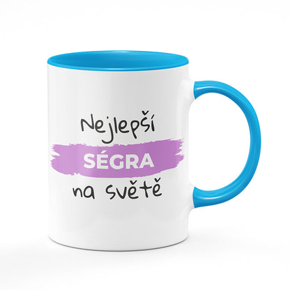 Keramický hrnek bílý s světle modrým lemem vnitřkem a uchem motiv Nejlepší ségra na světě
