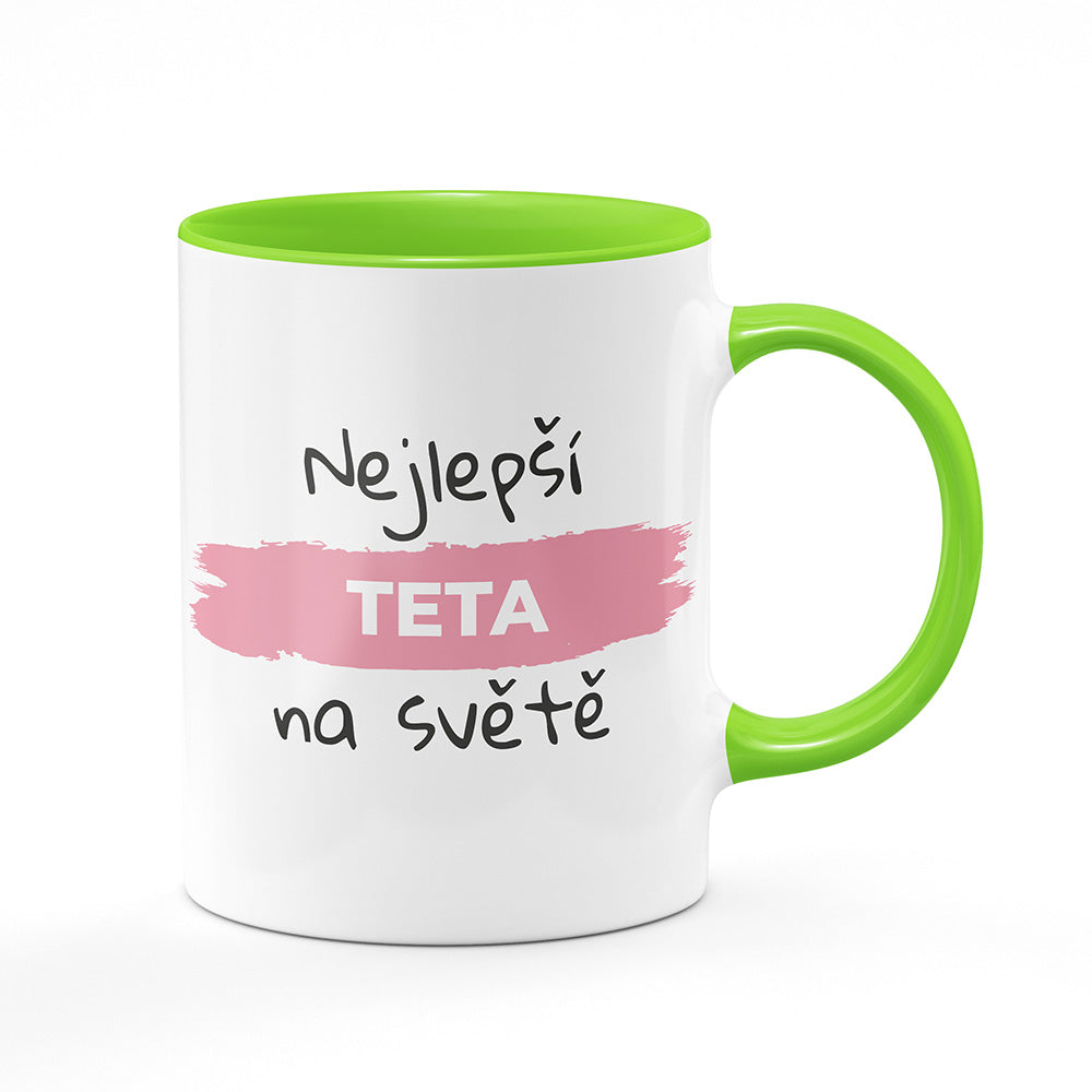 Keramický hrnek bílý s světle zeleným lemem vnitřkem a uchem motiv Nejlepší teta na světě