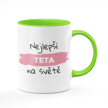 Keramický hrnek bílý s světle zeleným lemem vnitřkem a uchem motiv Nejlepší teta na světě