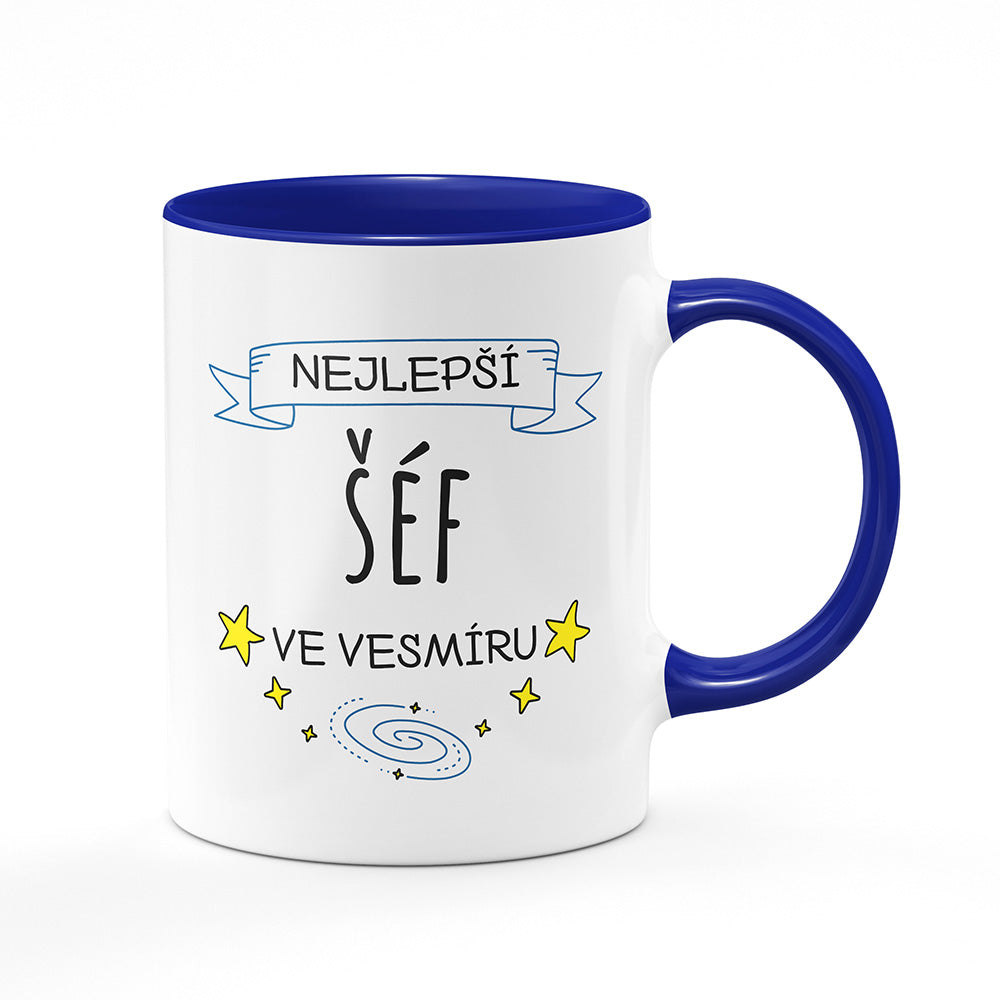 Keramický hrnek bílý s modrým lemem vnitřkem a uchem motiv Nejlepší šéf ve vesmíru