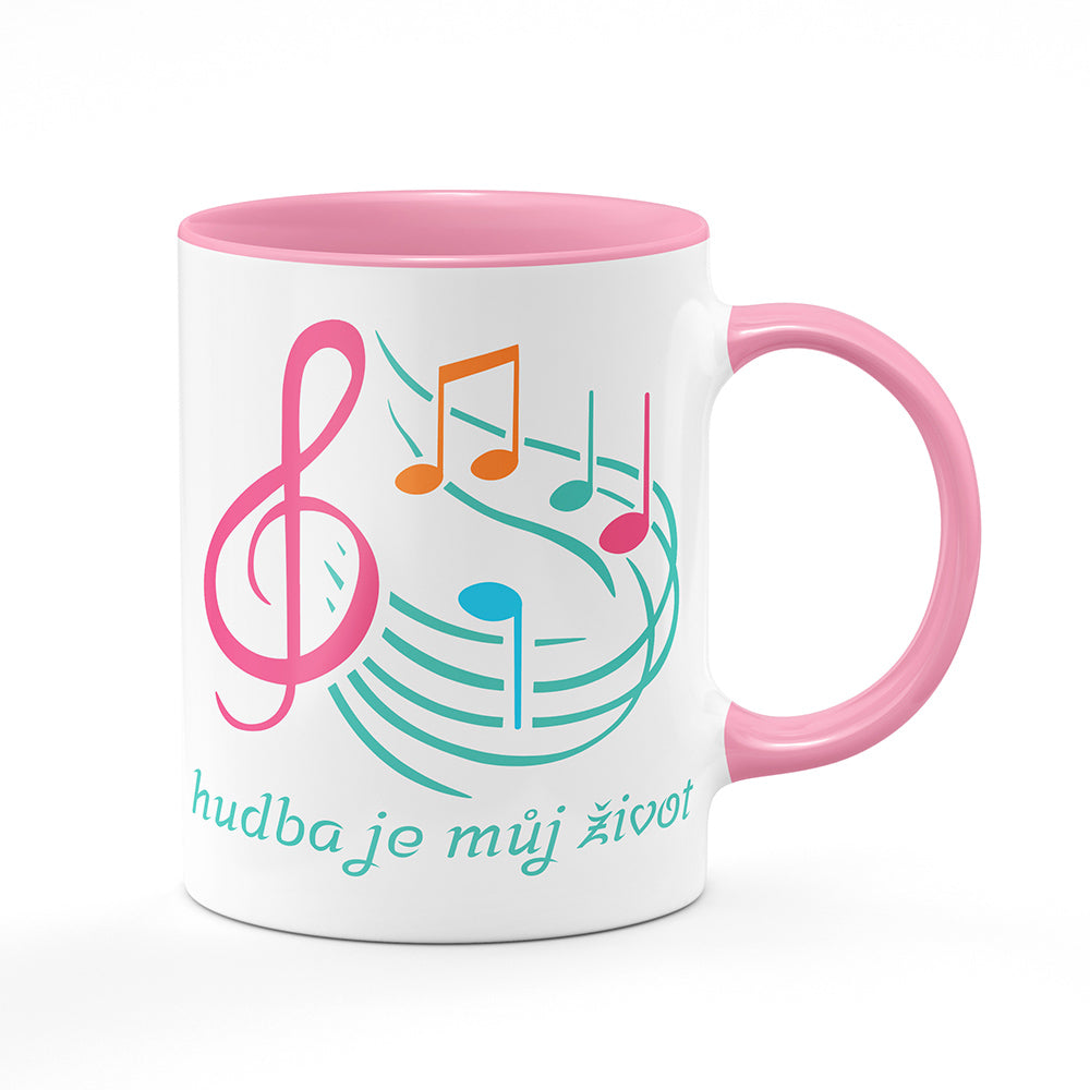 Keramický hrnek bílý s růžovým lemem vnitřkem a uchem motiv Hudba je můj život