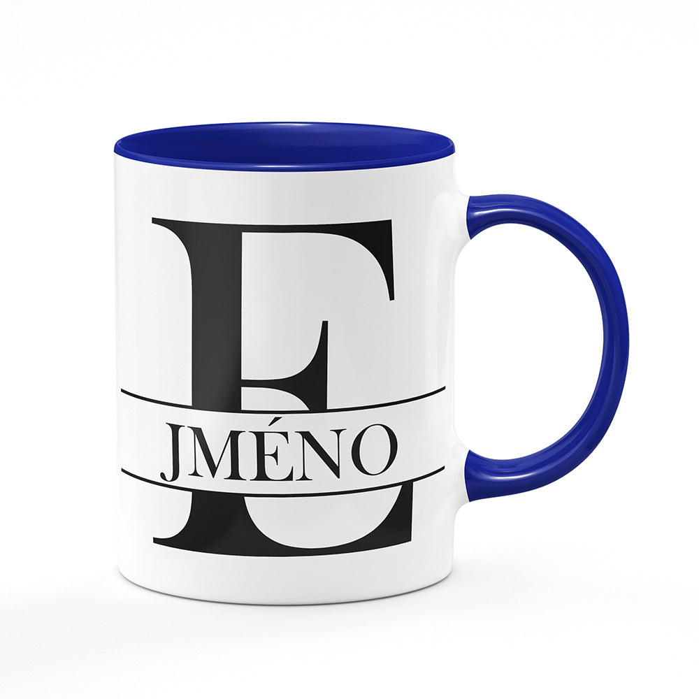 Keramický hrnek bílý s modrým lemem vnitřkem a uchem motiv Se jménem E…