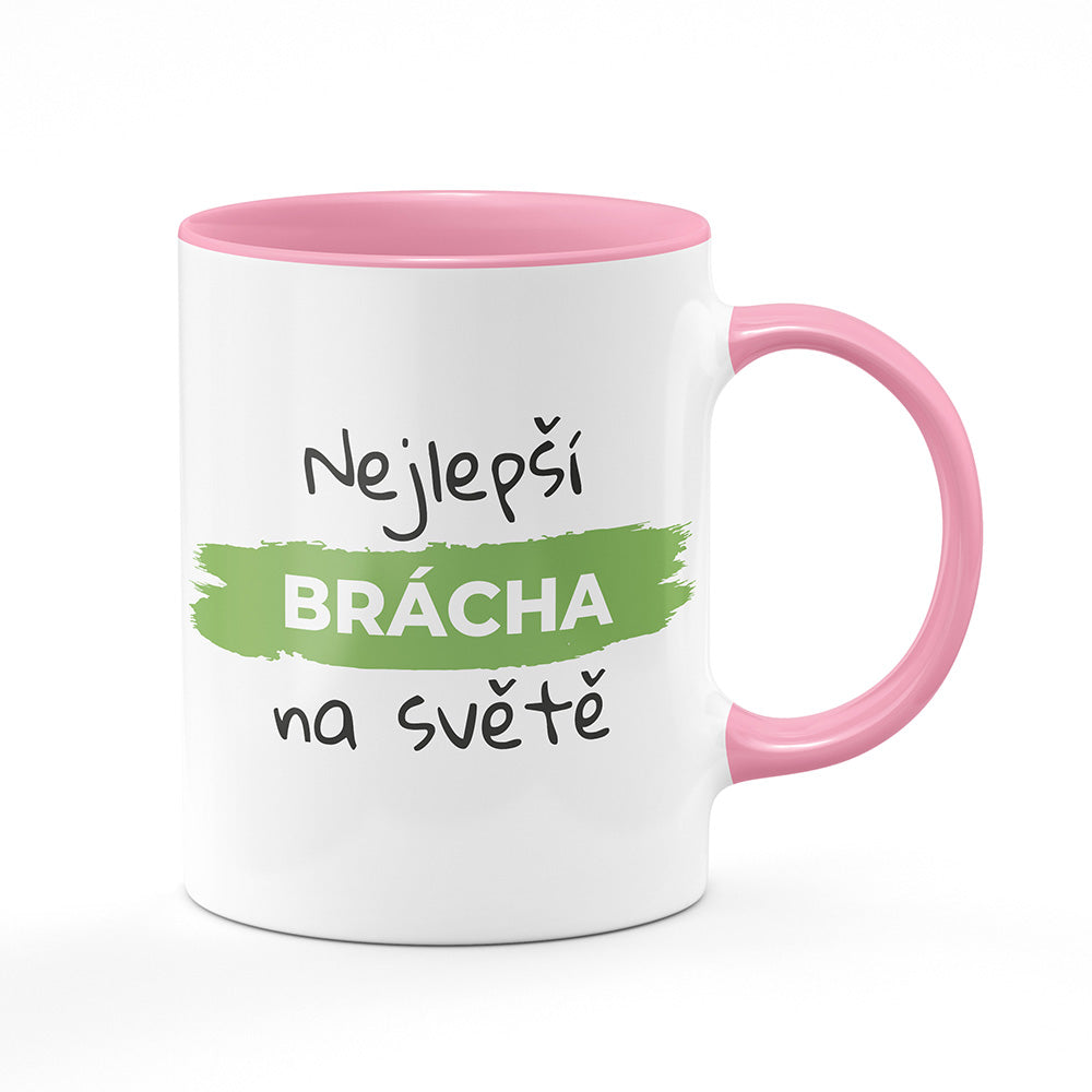 Keramický hrnek bílý s růžovým lemem vnitřkem a uchem motiv Nejlepší brácha na světě