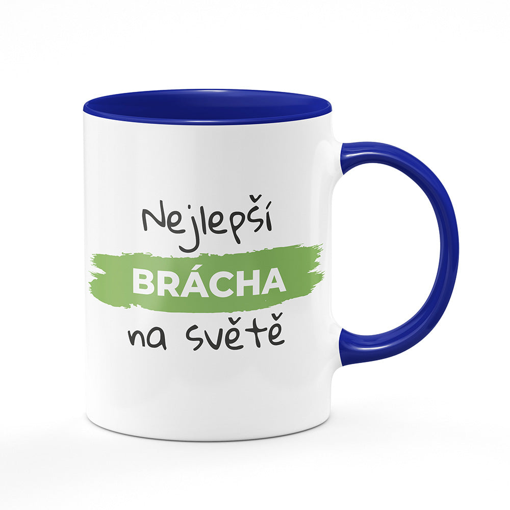 Keramický hrnek bílý s modrým lemem vnitřkem a uchem motiv Nejlepší brácha na světě
