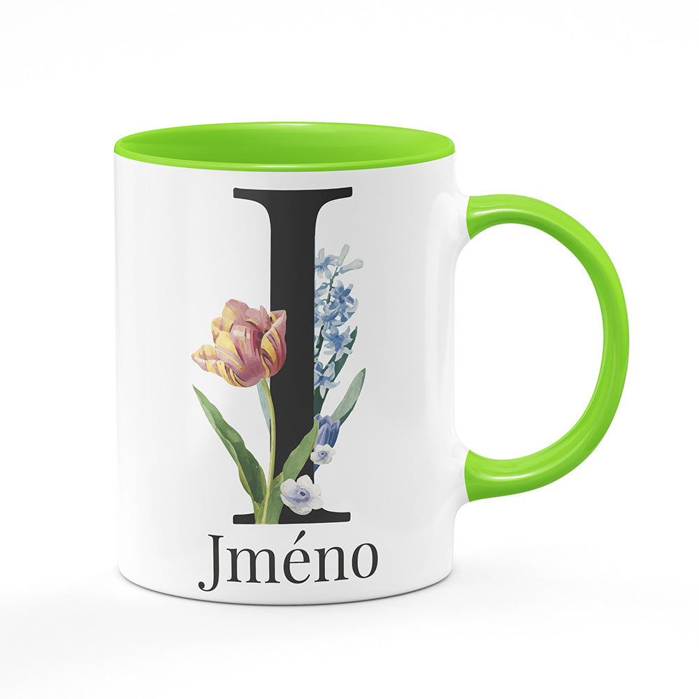 Keramický hrnek bílý s světle zeleným lemem vnitřkem a uchem motiv Se jménem I…