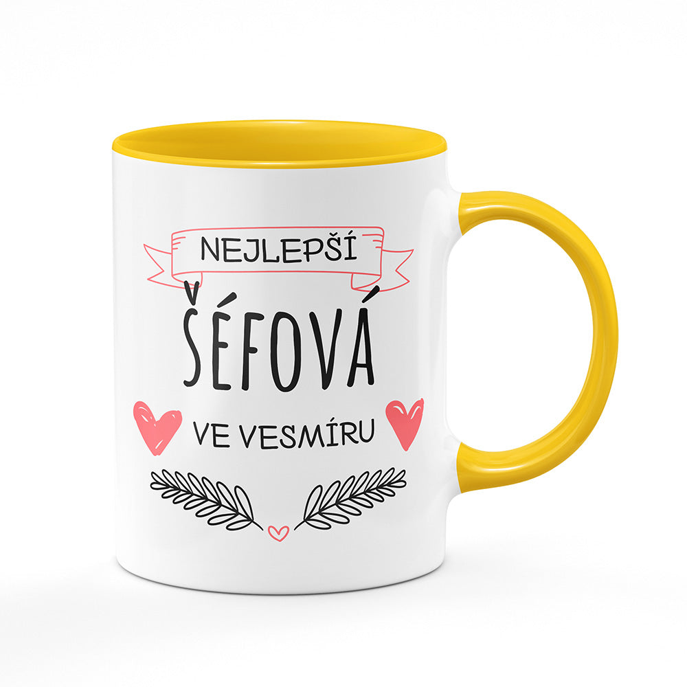 Keramický hrnek bílý s žlutým lemem vnitřkem a uchem motiv Nejlepší šéfová ve vesmíru