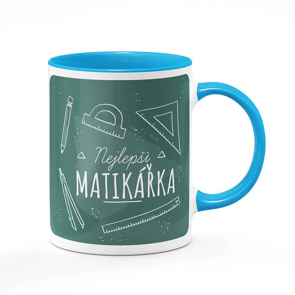 Keramický hrnek bílý s světle modrým lemem vnitřkem a uchem motiv Nejlepší matikářka