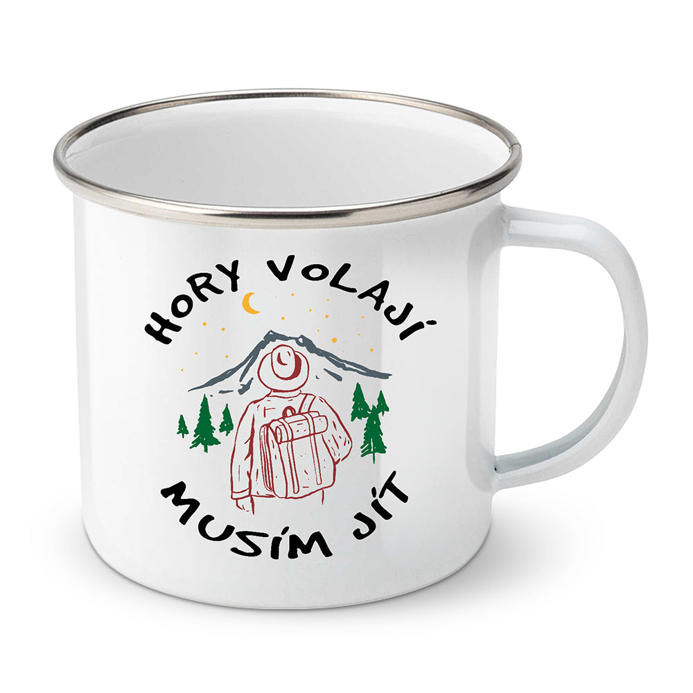 Smaltovaný plecháček motiv Hory volají musím jít