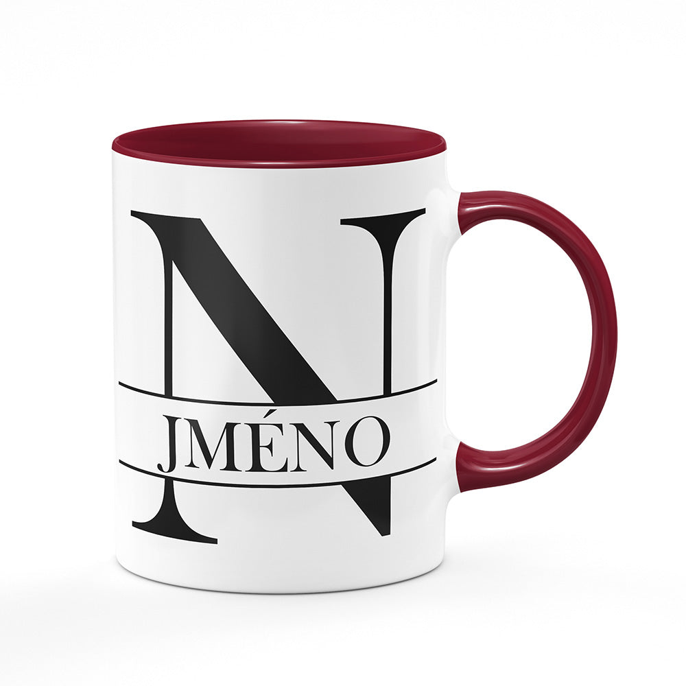 Keramický hrnek bílý s bordó vínovým lemem vnitřkem a uchem motiv Se jménem N…
