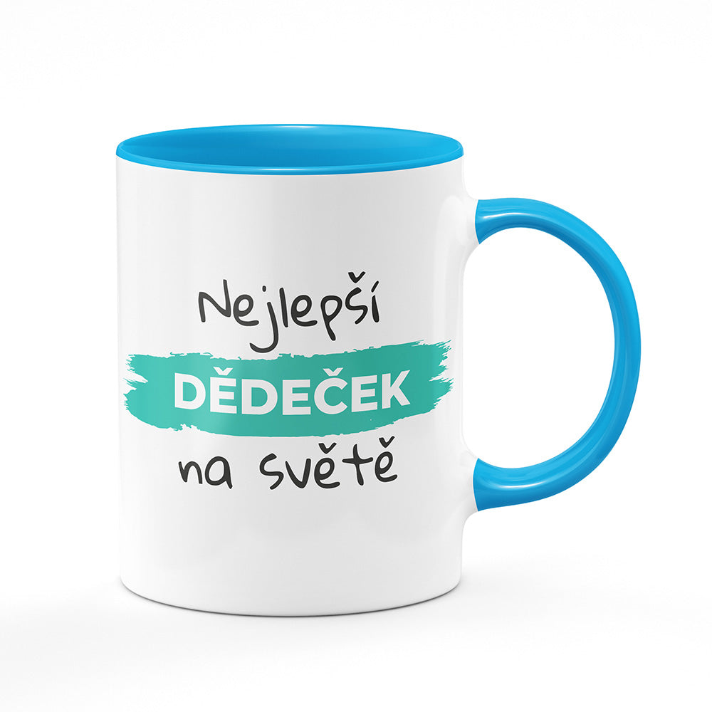 Keramický hrnek bílý s světle modrým lemem vnitřkem a uchem motiv Nejlepší dědeček na světě