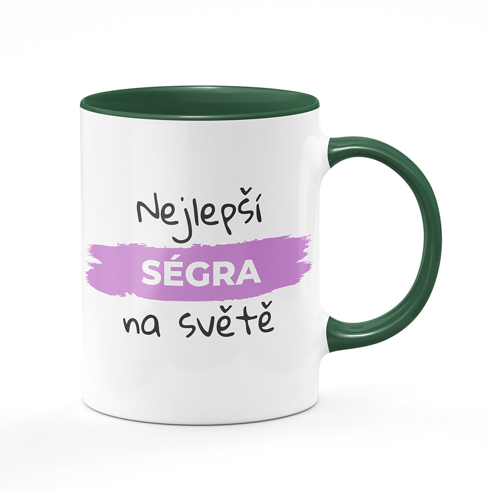 Keramický hrnek bílý s zeleným lemem vnitřkem a uchem motiv Nejlepší ségra na světě