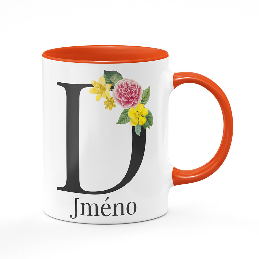 Keramický hrnek bílý s oranžovým lemem vnitřkem a uchem motiv Se jménem D…