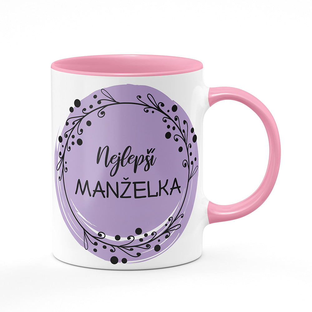 Keramický hrnek bílý s růžovým lemem vnitřkem a uchem motiv Nejlepší manželka