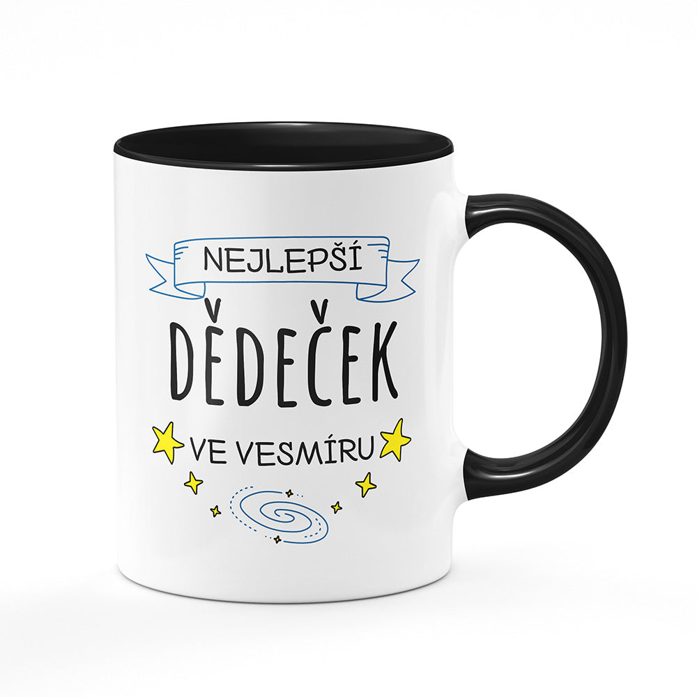 Keramický hrnek bílý s černým lemem vnitřkem a uchem motiv Nejlepší dědeček ve vesmíru