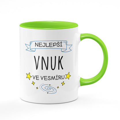 Keramický hrnek bílý s světle zeleným lemem vnitřkem a uchem motiv Nejlepší vnuk ve vesmíru