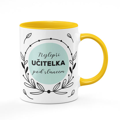 Keramický hrnek bílý s žlutým lemem vnitřkem a uchem motiv Nejlepší učitelka pod sluncem