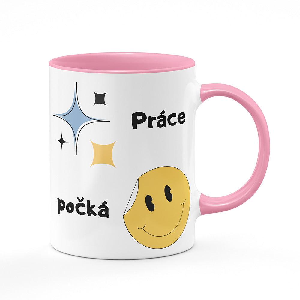 Keramický hrnek bílý s růžovým lemem vnitřkem a uchem motiv Práce počká