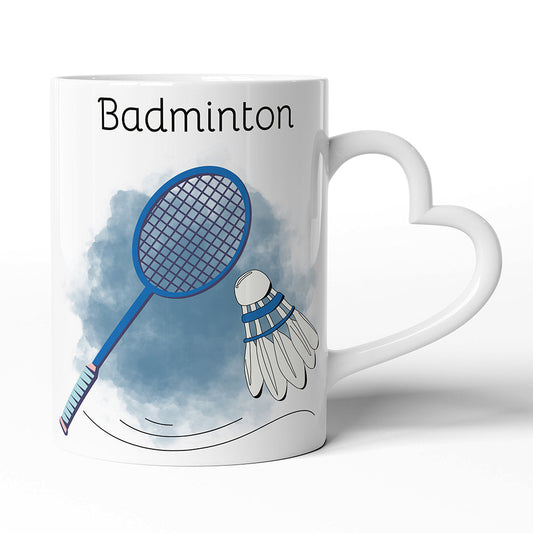 Bílý hrnek s uchem ve tvaru srdce motiv Badminton