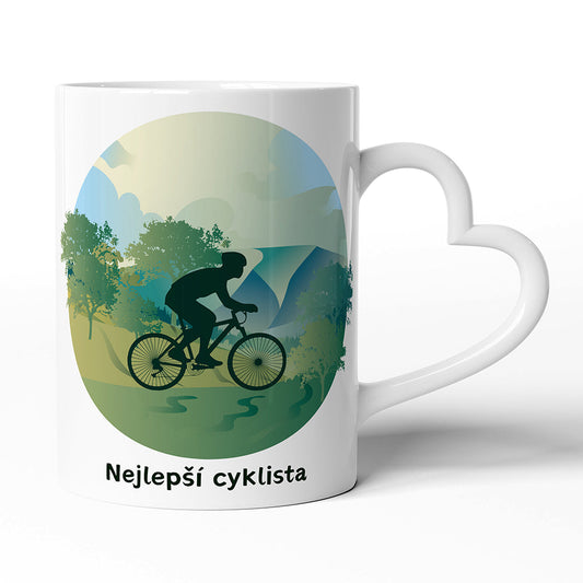 Bílý hrnek s uchem ve tvaru srdce motiv Nejlepší cyklista