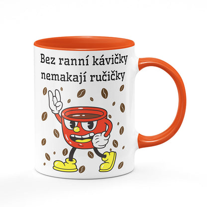 Keramický hrnek bílý s oranžovým lemem vnitřkem a uchem motiv Bez ranní kávičky...