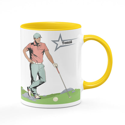 Keramický hrnek bílý s žlutým lemem vnitřkem a uchem motiv Golfista