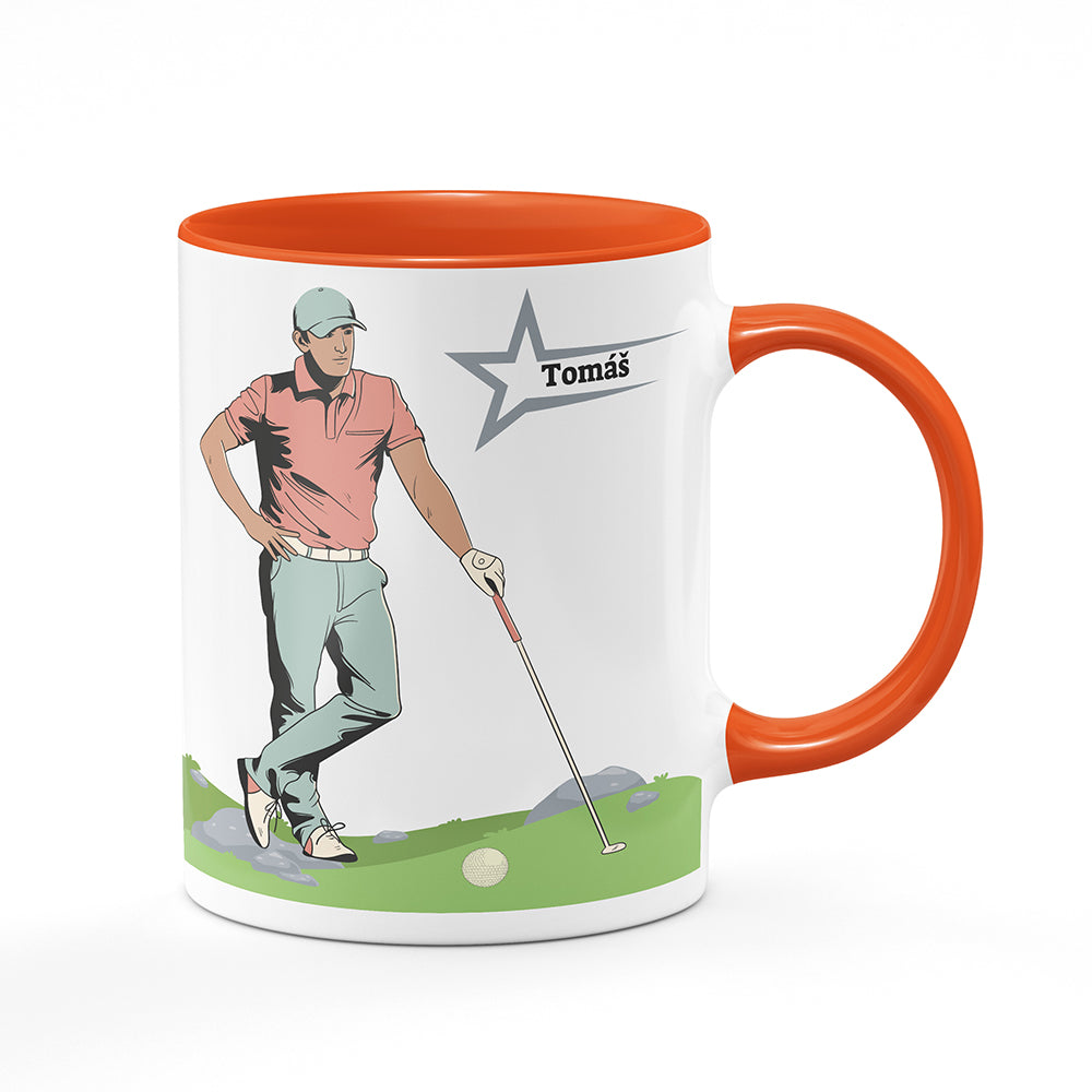 Keramický hrnek bílý s oranžovým lemem vnitřkem a uchem motiv Golfista